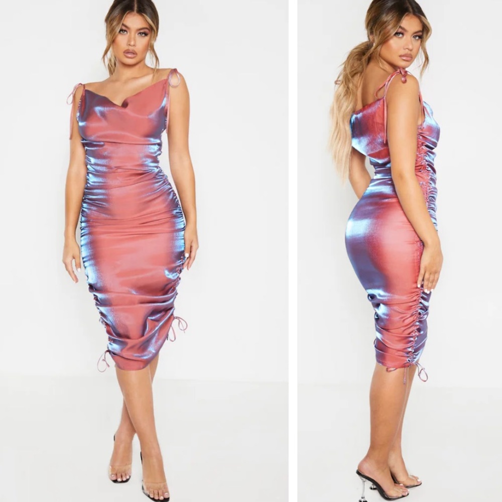 Pink Metallic Shimmer Cowl Neck Midi Dress